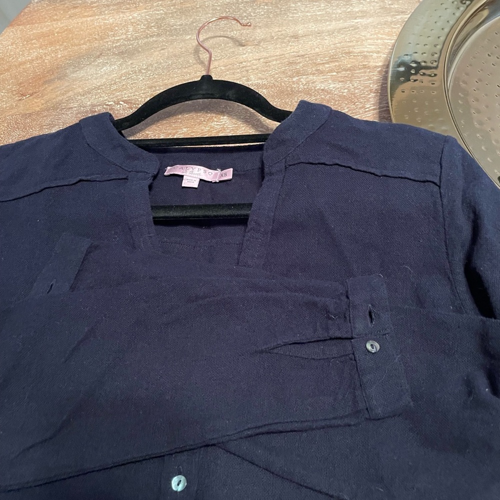 Calypso St. Barth Navy linen women’s long sleeve blouse with fringe detail